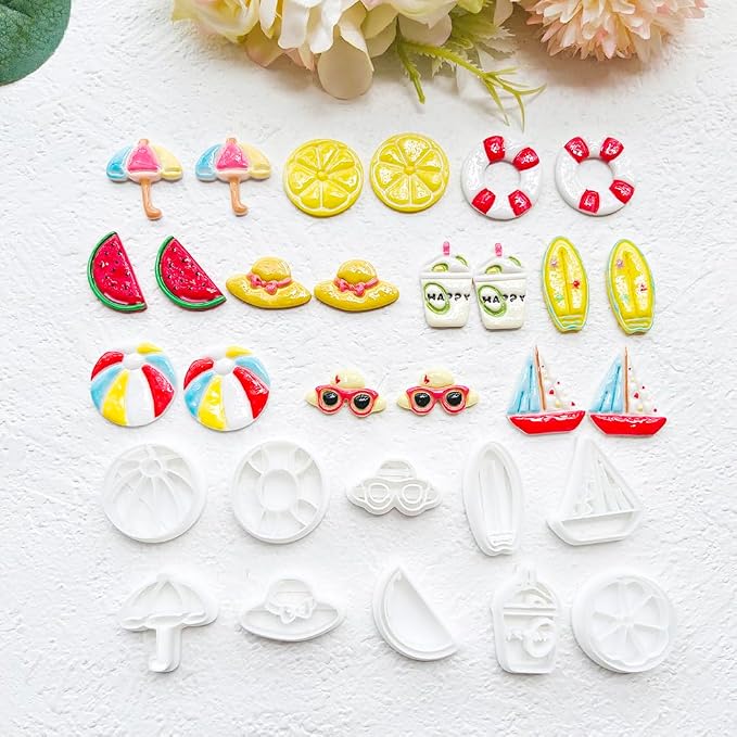 Summer Beach Polymer Clay Cutters Set Vacation Shapes Including Watermelon, Lemon, Sailboat, Surfboard & Beach Ball for DIY Earring Jewelry, Soft Clay Crafts, Scrapbooking & Miniature Decor