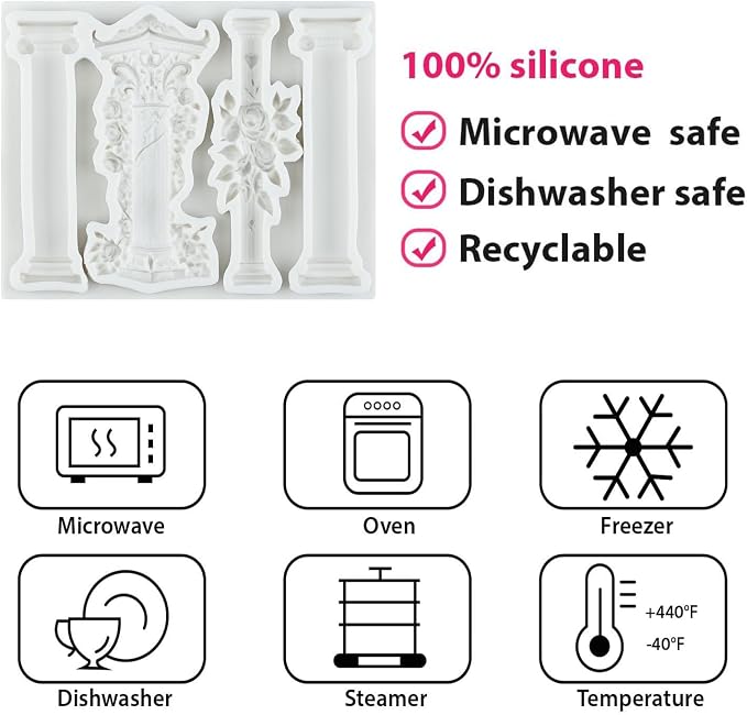 European Vintage Roman Column Silicone Mold Baroque Relief Pattern Pillar Fondant Molds for Cake Decorating Cupcake Topper Candy Polymer Clay Chocolate Gum Paste