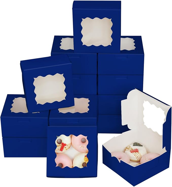 Bakepacker 60pcs Navy Blue Cookie Boxes 6x6x3 inches Easy Assemble Macaroon Pastry Boxes Bakery Boxes with Window for Bakery