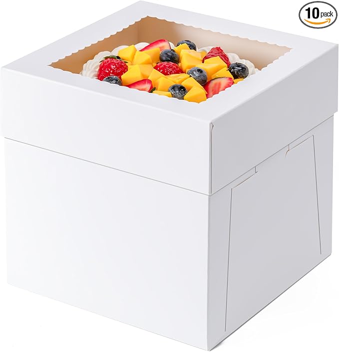 10 Pack Cake Boxes 10 Inch, 10x10x8 Inches Tall Cake Large Box, Disposable Cakes Transport Containers with Lids, Bakery Boxes with Large Window,for Cookies Pies Cupcakes Pastry-Wedding,Birthday, Party