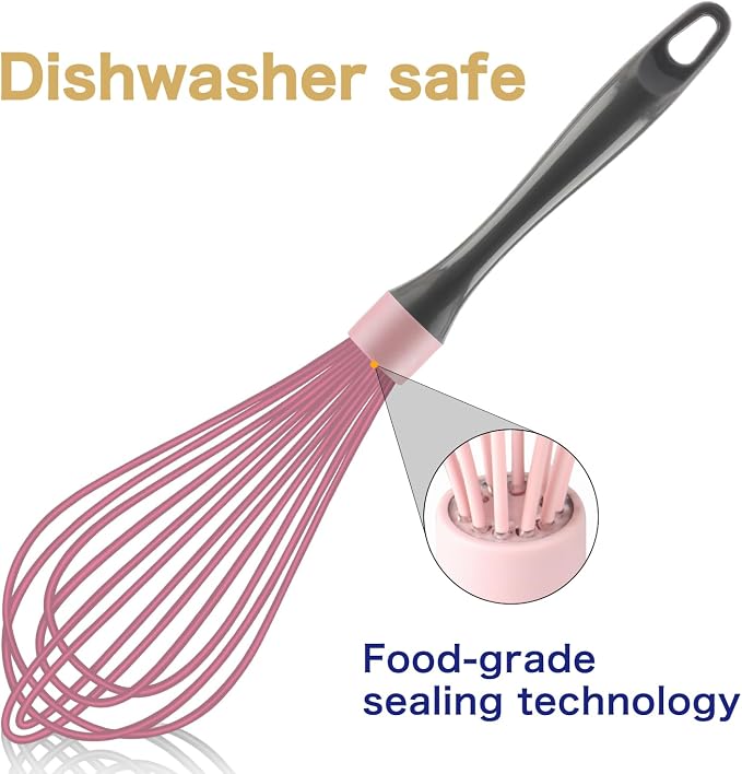 OYV Pink Whisk, Dishwasher Safe Wisk, Professional Whisks For Cooking Non-Scratch, Stainless Steel & Silicone Wisk, Plastic Rubber Whisk Tool For Nonstick Cookware Pans, Heat Resistant, 12-Inch