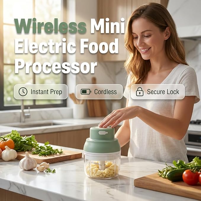 Electric Garlic Chopper, 2026 New Mini Food Processor, Rechargeable Cordless Garlic Mincer Onion Chopper, Portable Veggie Food Chopper for Ginger Chili Fruit Meat Kitchen Gadgets (Green, 100ml+250ml)