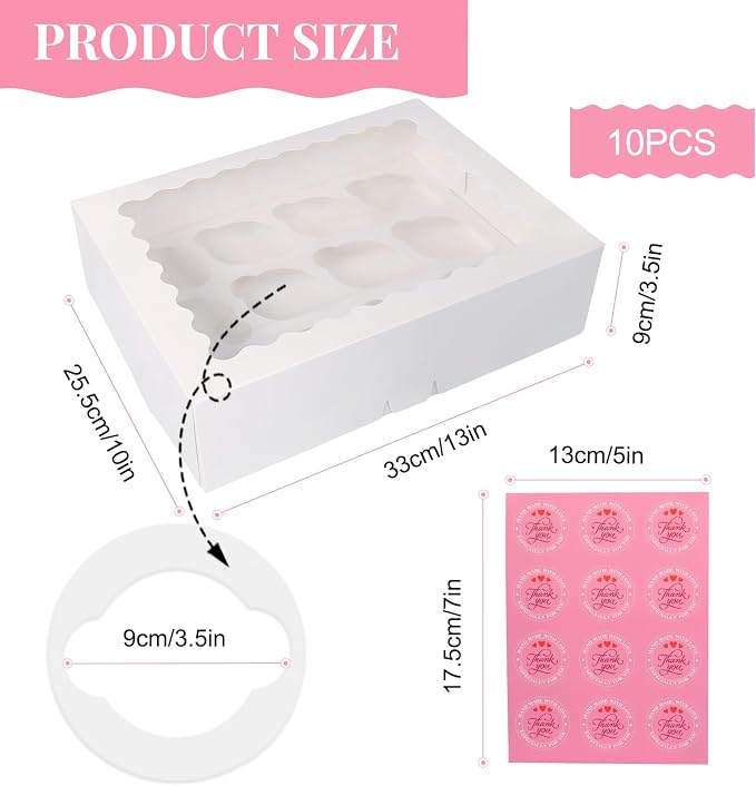 Cupcake Boxes 10 PCS, 12 Count Cupcake Containers with Window and Inserts, Quality Cupcakes Holder White Bakery Boxes Holding Dessert/Pastry, Cupcake Carrier for Birthday Party Bakery Supplies