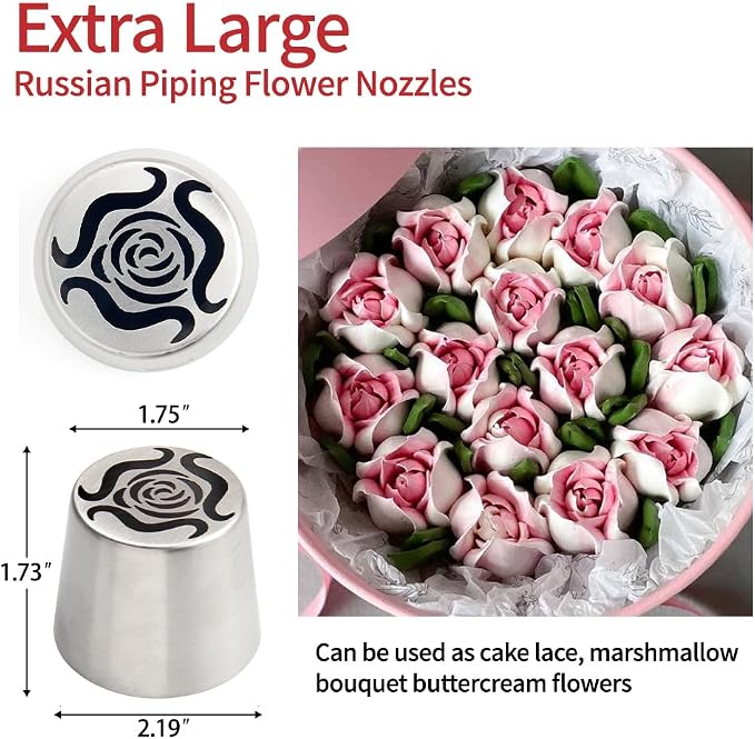6Pcs Jumbo Russian Piping Tips Set, Stainless Steel Cake Decorating Extra Large Nozzles for Buttercream Flower Piping, Rose Tulip Cupcake Decorating, Reusable Icing Tips with 1 Pastry Brush (XXL, 6A)