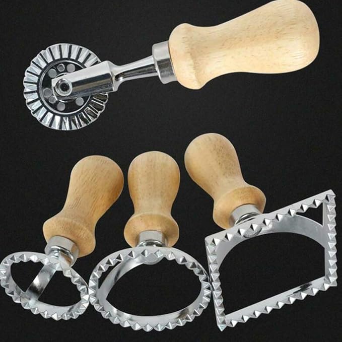 1pc Ravioli Stamp Maker Cutter Ravioli Maker Stamp Pasta Cutters Wooden Handle and Fluted Cake Pastry Mould Biscuits Dumpling Skin Molding,One Size