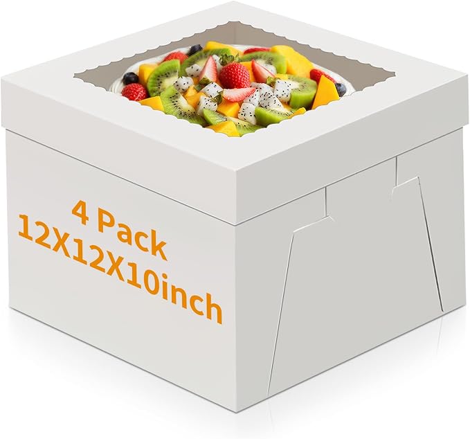 WINKIO 4 Pack Cake Boxes, Disposable Cake Transport Container, White Bakery Boxes with Large Window, for Cookies Pies Cupcakes Pastry (12×12×10)