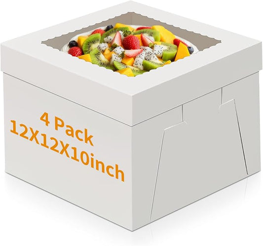 WINKIO 4 Pack Cake Boxes, Disposable Cake Transport Container, White Bakery Boxes with Large Window, for Cookies Pies Cupcakes Pastry (12×12×10)