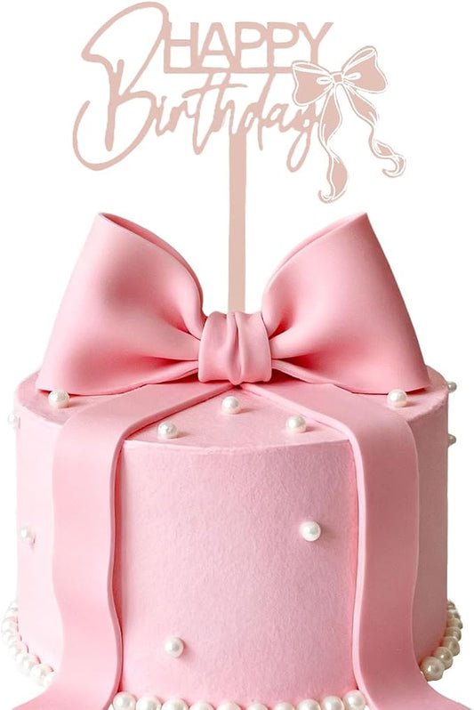 ZHENGYE Rose Gold Bow Happy Birthday Cake Topper Bow Themed Decoration Sign For Birthday Party Decorations Supplies