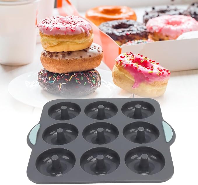 Limen Silicone Donut Baking Mould Tray, 9-Cavity Non-Stick Ring Cake Pan with Center Posts and Dual Side Handles for Oven Baking 11.5x10.12 in(Grey)