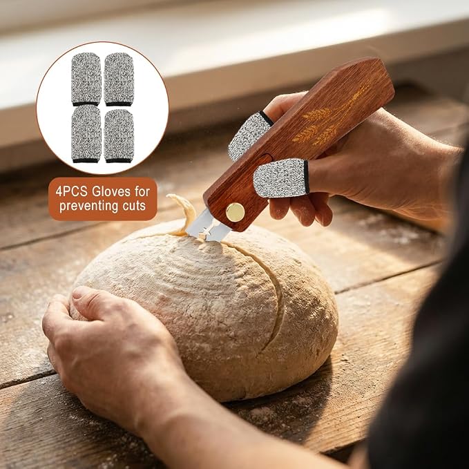 Wooden Bread Dough Scoring Lame, Upgraded Handcrafted Sourdough Bread Scoring Tool with 10 Pack Razor Blades and 4 Pcs Finger Cots, Professional Baking Accessory (Brown)
