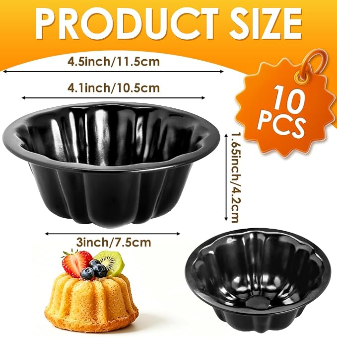 10Pcs 4 Inch Mini Fluted Cake Pan Nonstick Mini Fluted Tube Cake Pan, Carbon Steel Mini Flan Molds Pan with Oil&Dish Brushes, Reusable Oven Baking Mold for Cupcake, Bread Chocolate, Brownie