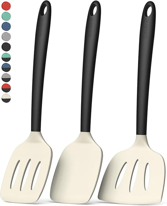 Coukre 3 Pack Silicone Spatula Set, High Heat Resistant, BPA-Free, Fish Spatula, Solid & Slotted Turner for Non-Stick Pans, Flipping Eggs, Pancakes, Fish, Burgers (3, BeigeBlack)