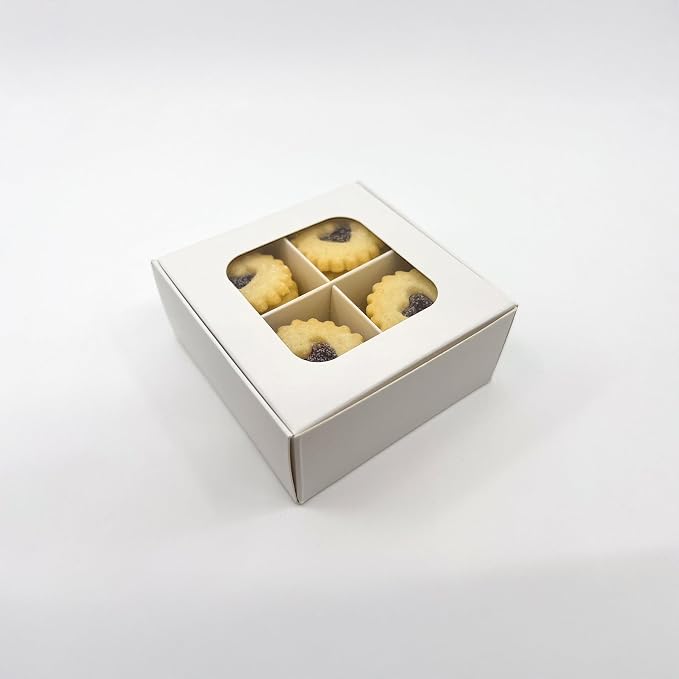 Treat Boxes - 20 ct 3.5 x 3.5 x 1.6 in Bakery Boxes with Windows and Dividers for Candy, Cookies, Cupcakes, or Bakery Desserts - Chocolate, Treats, and Baked Goods Packaging for Gifting