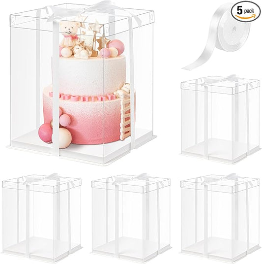 Ocmoiy 10x10x12Inch Clear Cake Box, 5 Pcs Tall Cake Boxes with Ribbon, Treat Transport Boxes for Wedding, Birthday, Party