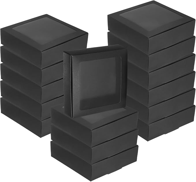 uxcell 20Pcs Kraft Soap Boxes, 4.1 x 4.1 x 1.2Inch Mini Kraft Treat Box with Clear Window for Candy Cookie Gift Party Festival Favor Treats Packaging (Black)