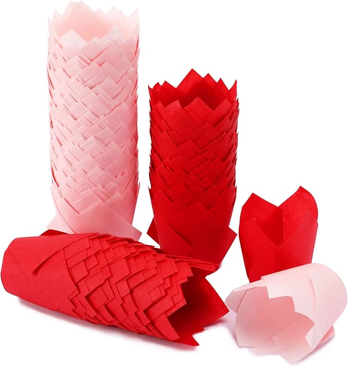 Augshy Tulip Cupcake Liners, 240pcs Baking Cups Cupcake Liners Muffin Tins Treat Cups for Valentines Day, Weddings, Birthdays, Baby Showers (Red Pink)