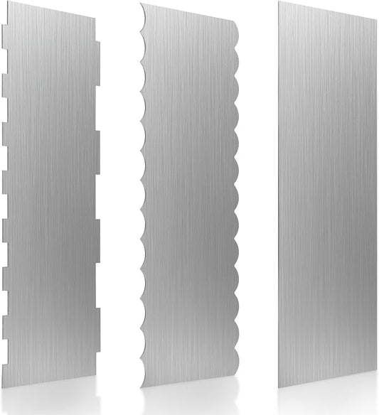 3 Pcs Stainless Steel Cake Scraper, 8.6-inch Double Sided Patterned Edge Stripe Edge Smoother Scraper, Cake Decorating Comb Metal Cake Scraper for Butter Mousse Cream Decoration