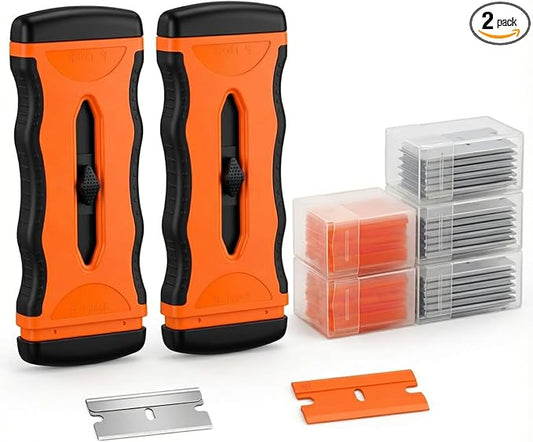 Mister Rui Razor Blade Scraper Tool Set, 2 Pack Retractable Scrapers with 30 Metal & 20 Plastic Blades, 5-Position Safety Lock Window Glass Stove Paint Floor Cleaning Scraper Kit