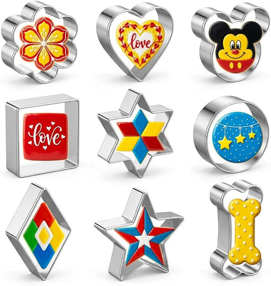 Metal Cookie Cutters Set 9Pcs - Stainless Steel Cookie Cutters includes Heart, Flower, Mouse, Round, Star, Square, Dog Bone Shapes for Baking or Party Decorations
