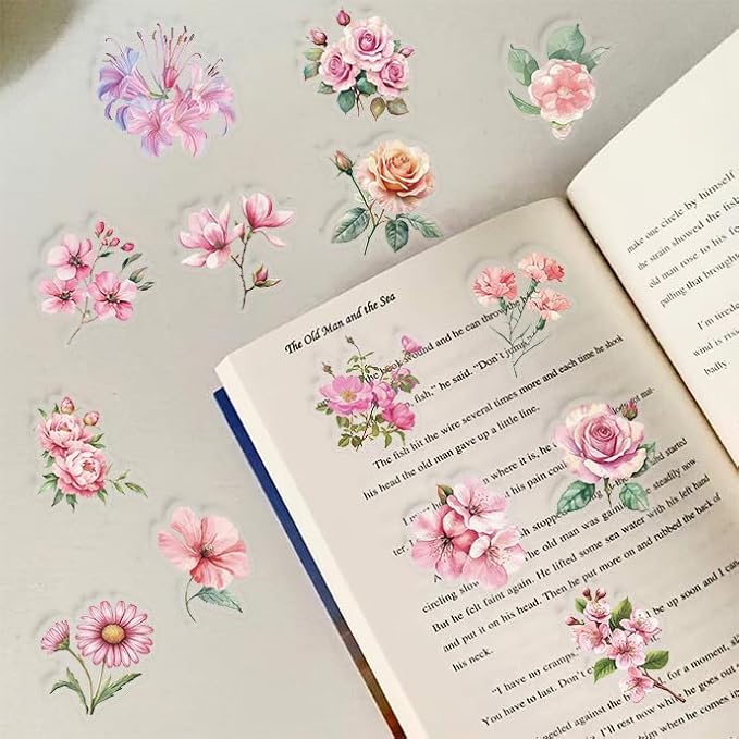 50Pcs Transparent Pink Flower Stickers PET Waterproof Nature Flower Decals Decorative for Water Bottles Phone Cases Laptops Scrapbook DIY Crafts Album Journal Plant Enthusiast (Pink Flower)