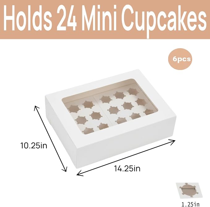 Mini Cupcake Box 6-Pack, Holds 24 Mini Cupcakes, CupCake Holder, Cake Carrier, Food Grade Pop-up Bakery Boxes, 14 x 10 x 4 inch with Inserts and Window Fits 24 Cupcakes Pack of 6.