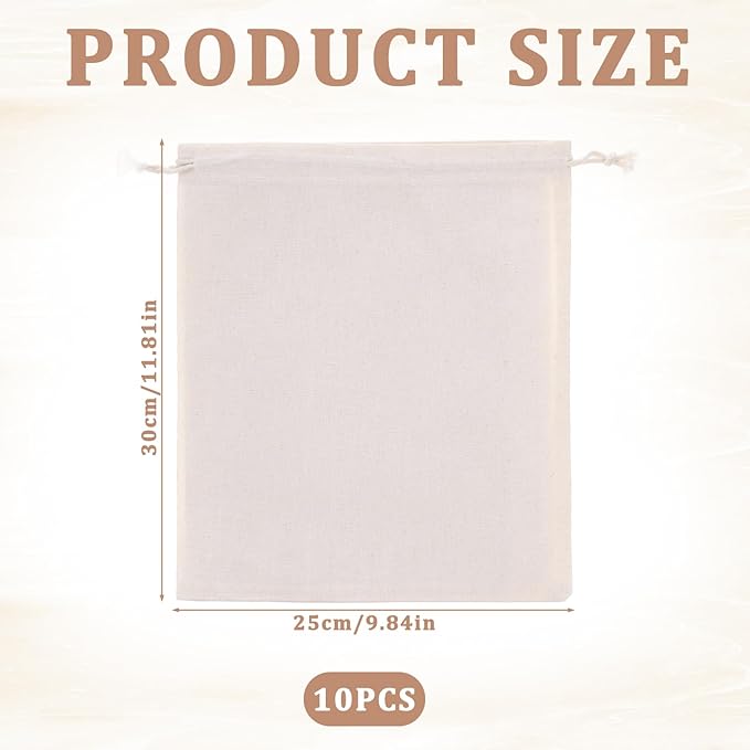 10 Pcs Reusable Produce Bags, 12"x10" Natural Linen Bread Bag Muslin Bags with Drawstring, X-Large Washable Fabric Multipurpose Canvas Cloth Gift Bag for Kitchen Food Storage, Shoe Grocery Organizer