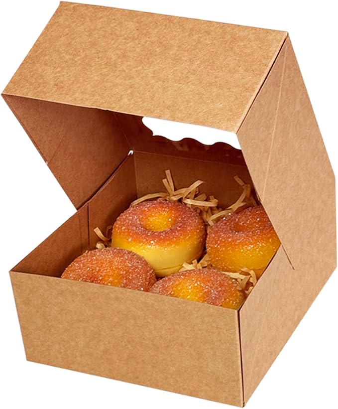 qiqee Auto-pop up Cookie Box with Window 6x6x3 Inch Brown 60Pcs Pastry Macaron Bakery Pie Box For Packaging