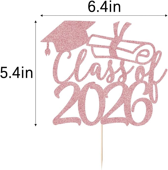 Gold Class of 2026 Congrats Grad Cake Topper Glitter Graduation Party Supplies - High School College Graduates -College Graduate Cake Topper Decorations (Rose gold)