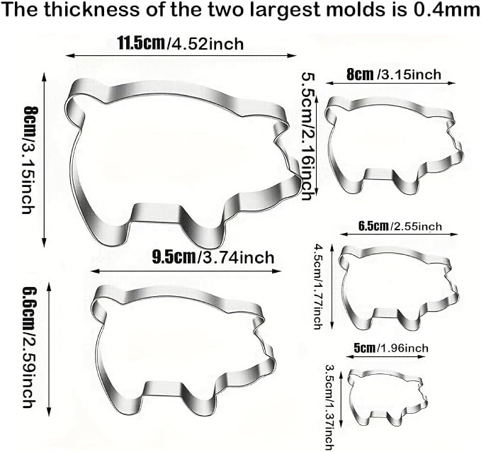MrCookie Pig Cookie Cutters Set, 5pc Thickened Stainless Steel. | Sturdy food-grade stainless steel.5 sizes: 1.37-4.52in.For cookies,sandwiches,DIY.