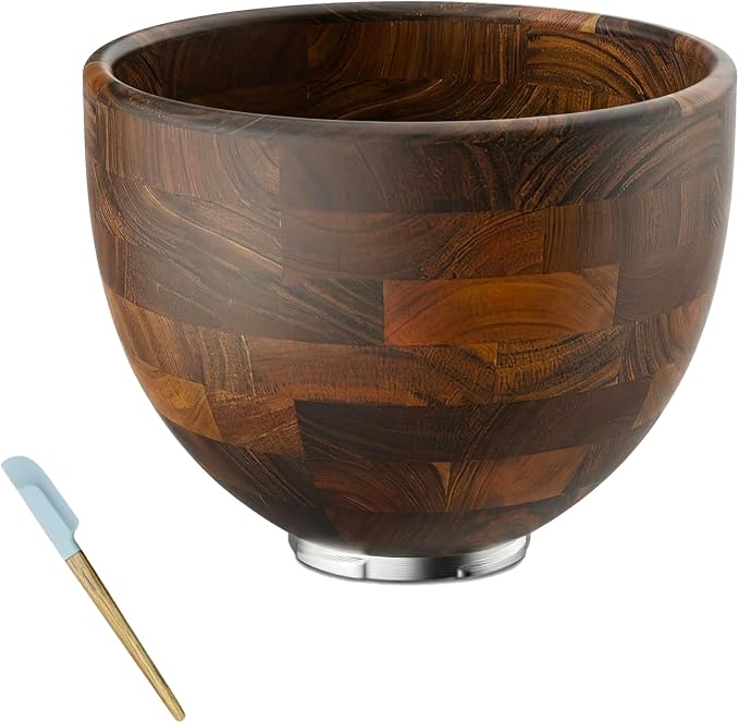 Walnut Wooden Mixing Bowl Compatible with 4.5 & 5 QT Tilt-Head Stand Mixers, 5 Quart Natural Wood Dough Bowl for Baking, Kitchen Prep & Serving