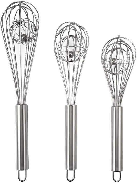 3 Pack 8, 10, 12 inches Balloon Whisk Double Balloon Wire Whisk Blending Whisking Beating Stirring Egg Beater Stainless Steel (with inside Ball)