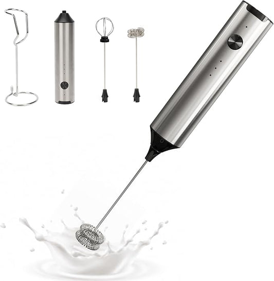 Milk Frother Handheld, Electric Milk Foamer with 2 Whisks & 3 Speeds, USB-C Rechargeable Stainless Steel Drink Mixer, Mini Egg Beater for Latte Cappuccino Matcha Hot Chocolate Protein Shake, Silver