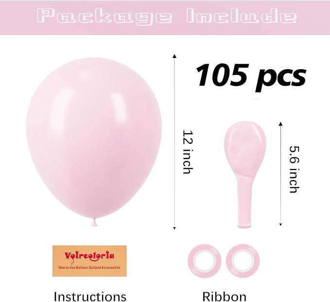 Voircoloria 105pcs Light Pink Balloons 12inch Pastel Pink Balloons for Boys Girls Birthday Baby Shower Gender Reveal Wedding Decorations