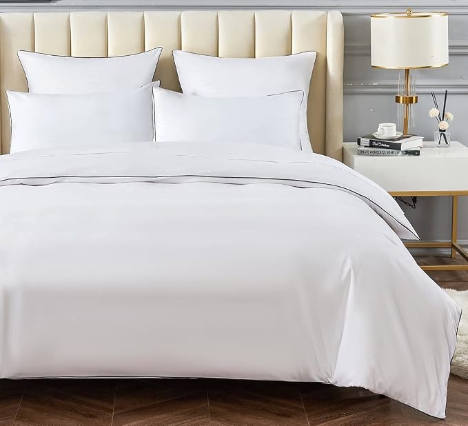 DAUAOTO Duvet Cover Twin/Twin XL Set, White with Decorative Black Piping Microfiber Bedding, 1 Zipper Closure Cover + 1 Standard Sham