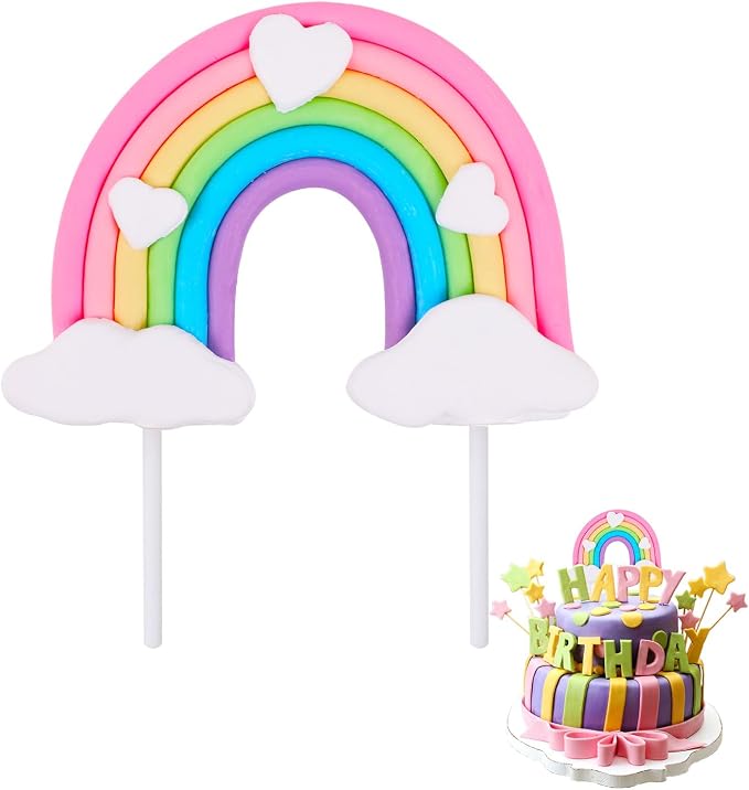 Rainbow Cake Topper, Cute Colorful Cloud and Heart Rainbow Cake Decoration Natural Sky Theme Party Decorations Soft Pottery Cake Decoration Supplies for Boys Girls Happy Birthday Party Wedding