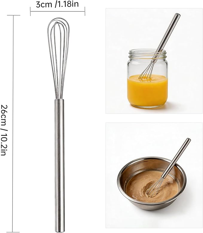 2Pcs 10in Mini Whisk 304 Stainless Steel Small, Tiny Metal Whisk, Extra Long Handle for Deep Jars & Bowls Cooking, Baking, Mixing Ingredients & Deep Containers, Dishwasher Safe