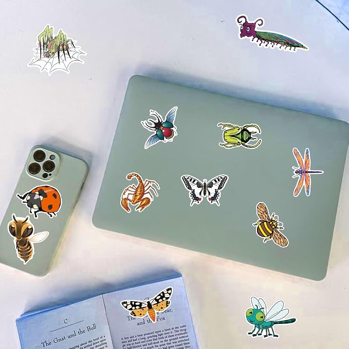 50 Pcs Insect Stickers for Kids Teens Water Bottles Laptops Scrapbook Decoration Party Favors Classroom Rewards Butterfly Ladybug Bug Theme Waterproof Vinyl Decals