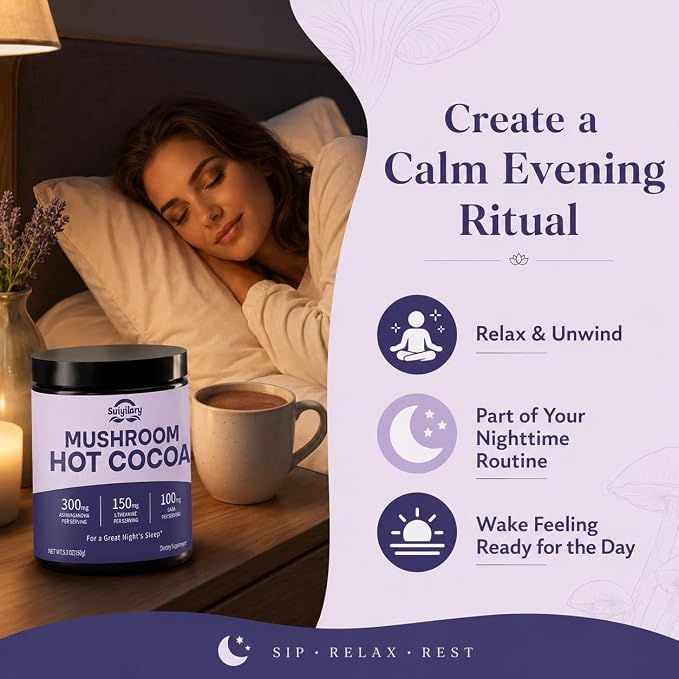 Suiyilary 10 Mushroom Hot Cocoa for Sleep, Sugar Free Keto Cocoa Powder, Nighttime Drink,100mg Magnesium Glycinate, 100mg GABA, 150mg L-Theanine, Help Fall Asleep and Stay Asleep, 15 Servings