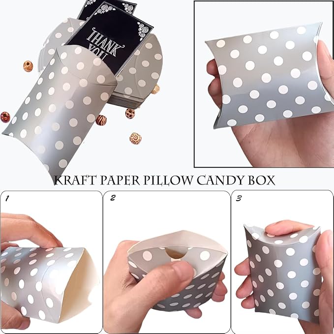 50 Pcs Kraft Paper Pillow Gift Boxes,3.5x2.6 Inch Mini Folding Treat Boxes, Creative Favor Box Folding Treat Boxes for Bakery, Candy, Jewelry, Wedding & Party Favors(Silver dots)