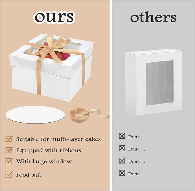 12PCS 12x12x8 In Tall Cake Boxes with Boards—(6 Boxes with window & 6 Borads & 70ft Silk Ribbon) Large Square Baking Boxes for Christmas,Birthday Party, Wedding, Valentine's Day