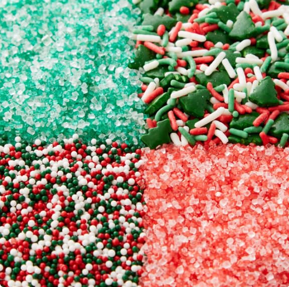 Sarah's Candy Factory Holiday Sprinkles Set 4 Count 19.3 Oz | Cake Cookies For Christmas, Party, Kosher, Green&White Sugar, Nonpareils, Red&White Sugar, Tree Mix Different Types in Jar