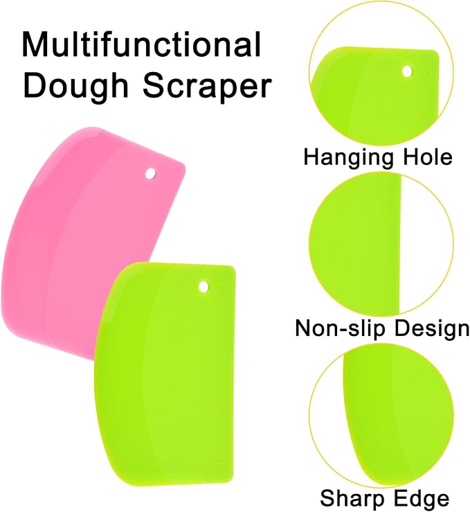 5 Pack Dough Scraper, 5.3 x 3.6 Inch Plastic Bench Scraper, Bowl Spatula, Kitchen Pastry Cutter Tool for Bread Dough, Pastry, Pizza, Baking Cake (Green,Pink,Yellow,Light Blue)