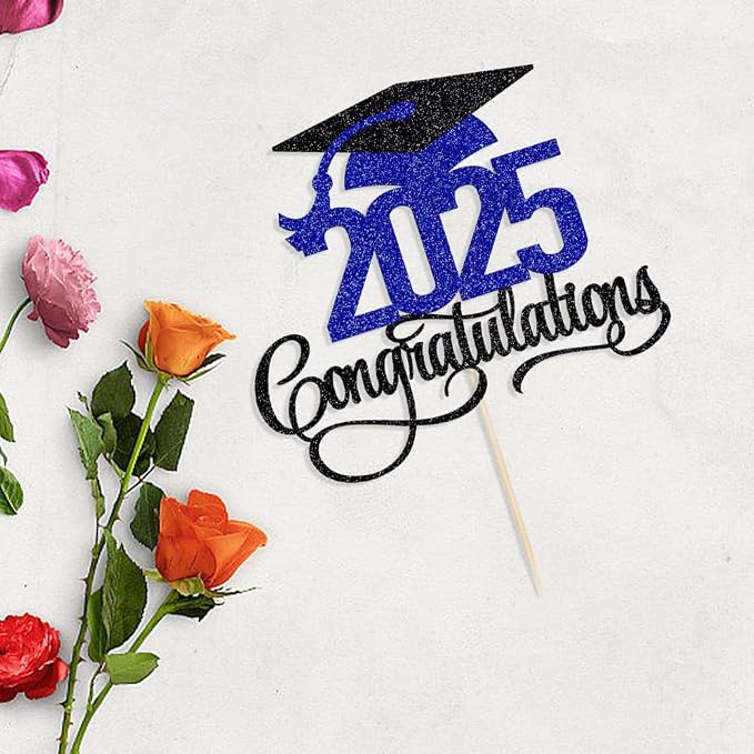 Black Gold Glitter 2025 Congratulations Graduation Cake Topper,Congrats Grad Cake Decor - 2025 High School/College/Senior Graduation Party Decorations Supplies (Dark blue)