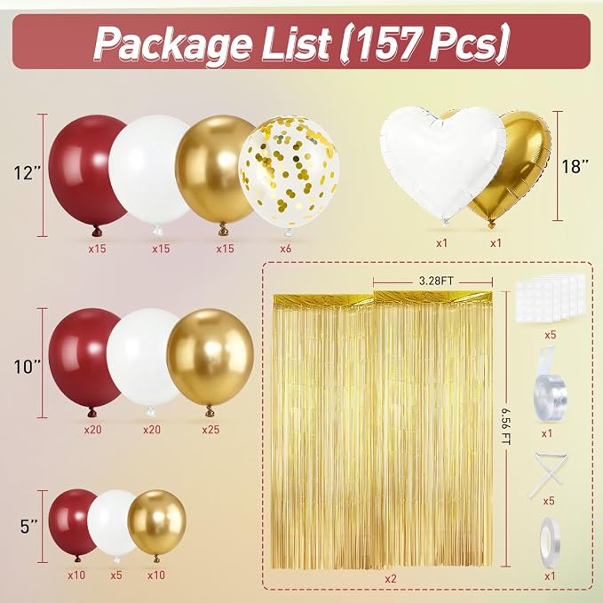 157PCS Burgundy Gold White Balloons Arch Garland Kit with Gold Fringe Curtain for Women Girls Birthday Wedding Bridal Shower Valentine's Day Party Decorations