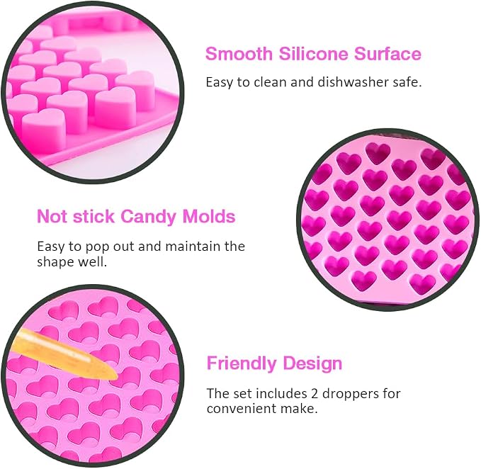 Silicone Heart Gummy Molds Set of 4, Heart Molds with 2 Droppers for Convenient Filling, Candy Molds for Gummie, Candy, Chocolate