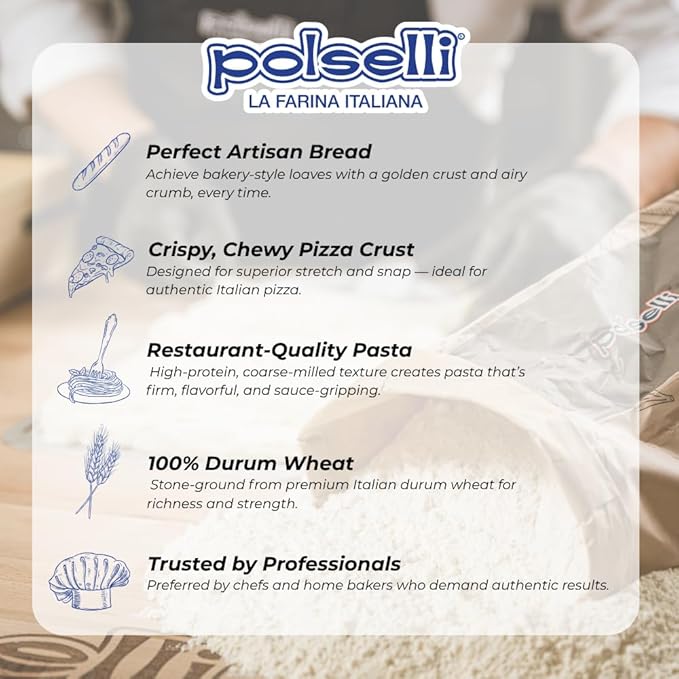 POLSELLI Italian Semola Flour, Fine Ground Semolina Rimachinata, 5 kg | Fine Ground Durum Wheat Flour For Fresh Pasta, Bread, & Baking, All-Natural, Unbleached, Non-GMO, Product Of Italy
