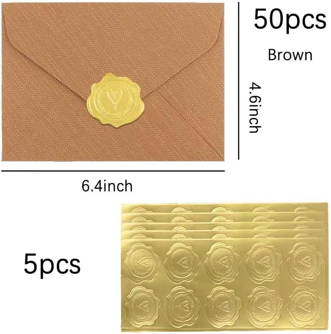 50 Pack 4x6 Brown Linen Envelopes with Gold Wax Seals - Handmade Look A6 Vintage Envelopes & Self-Adhesive Seal Stickers for Greeting Cards, love letter, Wedding, Party Invitation