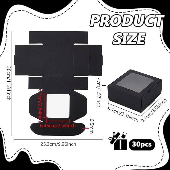 BENECREAT 30pcs Square Black Paper Boxes, Gift Boxes with Clear PVC Window for Wedding Gift, Chocolates, Cookies and Other Small Crafts, 3.6x3.6x1.6 Inch