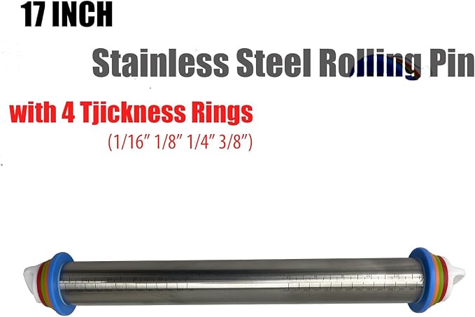 Stainless Steel Rolling Pin with Thickness Rings, 17 Inches Adjustable Rolling Pin for Baking, for Cookie Flat Dough Pizza Pie