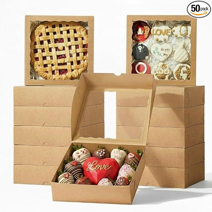 50PCS 9x9x2.5 Inches Brown Bakery Boxes with Window, Pastry Box for Chocolate Strawberries, Macarons, Truffles, Perfect for Thanksgiving Day, Mother's Day, Christmas Party Favors & Holiday